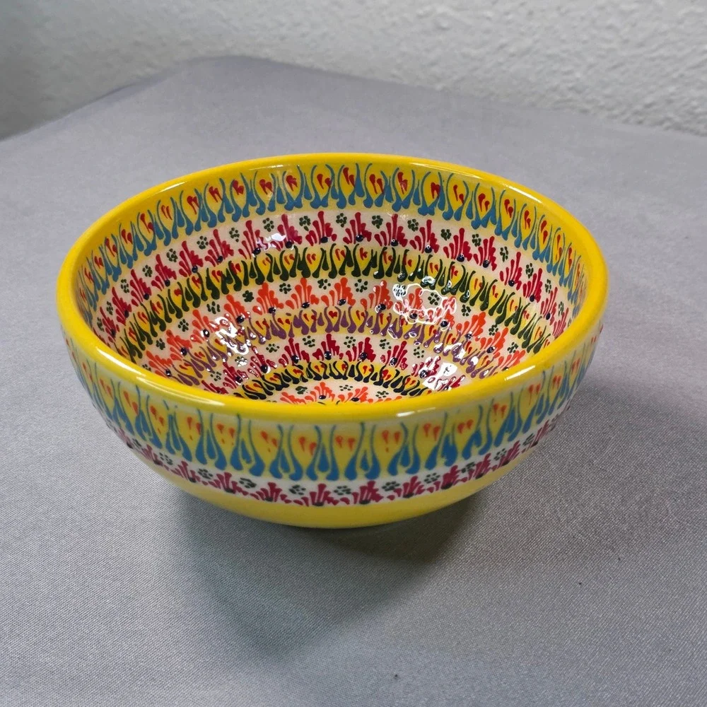 Handcrafted Hand Painted Yellow Ceramic Bowl Floral Mandala Signed 6 Inch